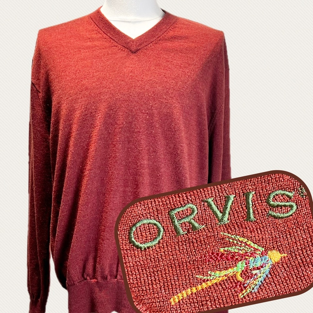 Orvis merino wool men’s v neck knit sweater copper rust lightweight layering